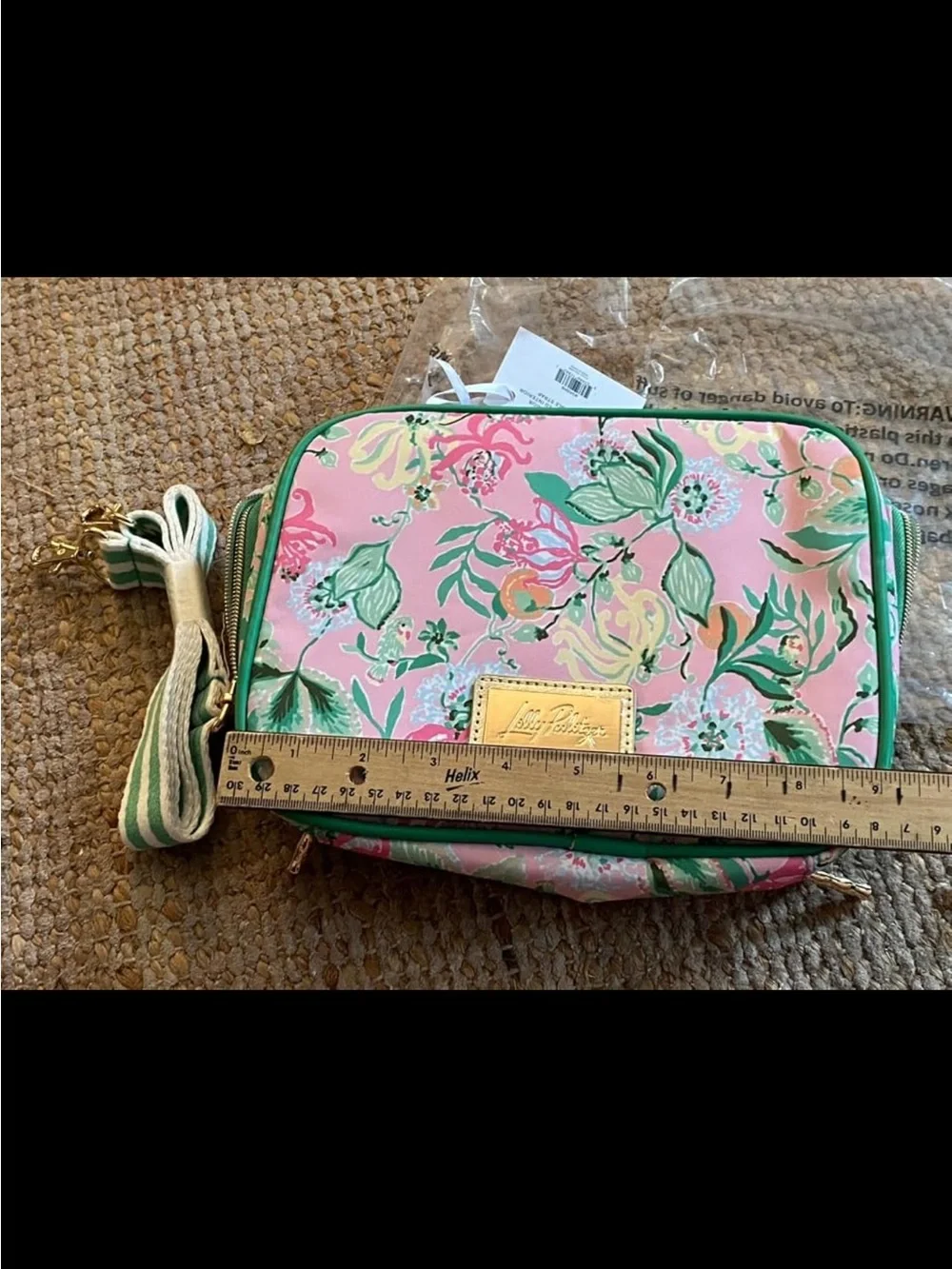 New Lilly Pulitzer Pink Floral Crossbody Bag Lunch Box with Green Striped Strap